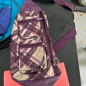 Thirty-One Purple Canvas Slingback Backpack Crossbody Adjustable Travel Bag